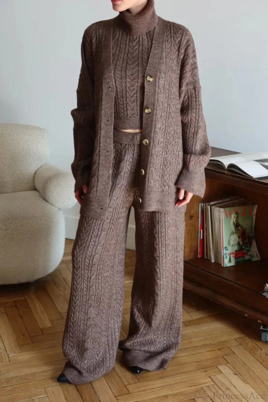 Elegant V-Neck Cable Knit Top Tank Pants Three Piece Set Brown / S