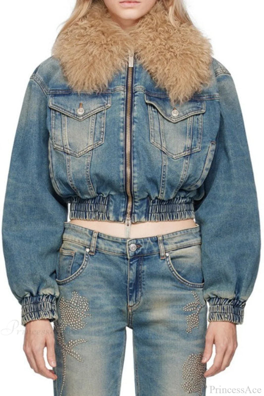 Elegant Zip Short Fur Collar Quilted Denim Jacket Blue / M