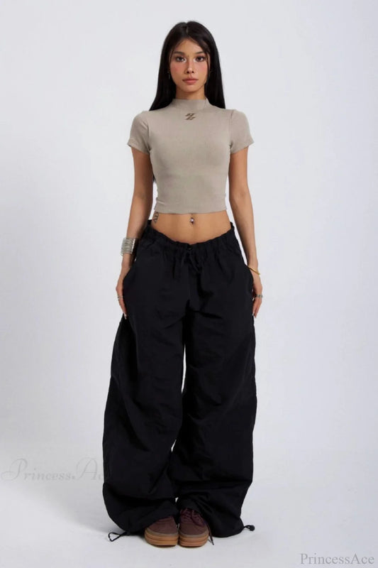 Embroidered Cargo Street Straight Leg Pants Black / S