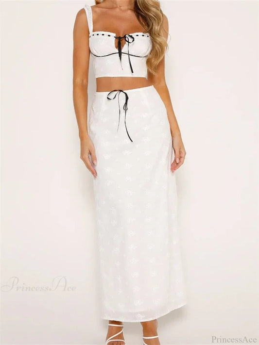 Embroidered Flower Sleeveless Crop Top High Waist Long Skirt skirt-250126