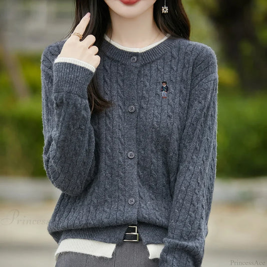 Embroidered Little Bear Loose Cashmere O-Neck Cardigan dark grey / M cardiagn-250126
