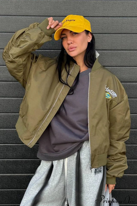 Embroidered Loose Bomber Long Sleeve High End Green Jacket Green / S