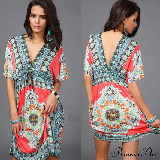 Ethnic Gown Warm-Season Women Flowered Bohemian With Style Print M / Blue Dresses