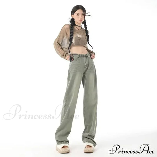 European And American Gentle Style Dirty Pink Ruffled Versatile Wide Leg Pants Jean Nostalgic Green