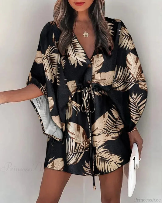 European Fashion Print V-neck Vacation Dress BLACK1 / S bohodress-250126