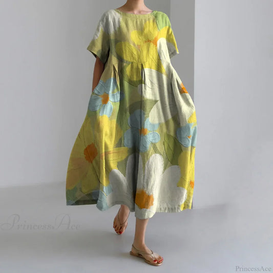 Exquisite 3D Floral Print Short Sleeve Midi Evening Dress yellow1 / S oldfloraldress-250126