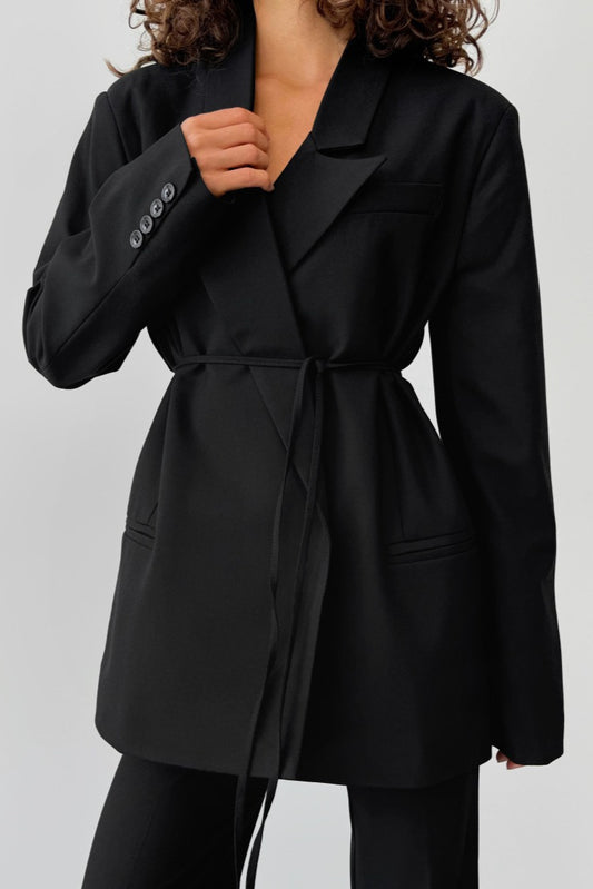 Tie Waist Longline Tailored Blazer