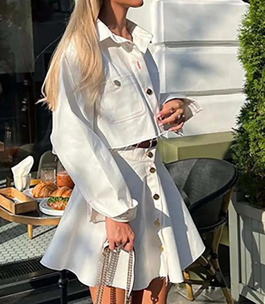 White Cotton Crop Pleated Mini Office Two Piece Set