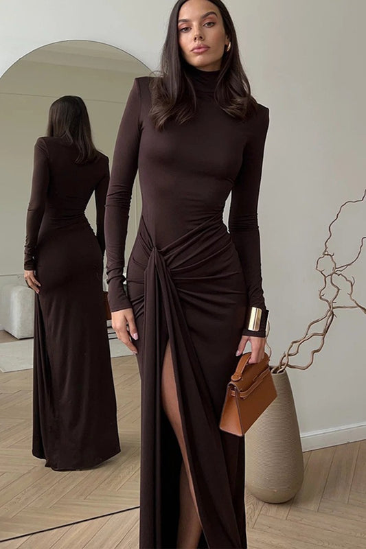 Turtleneck Long-Sleeve Patchwork Lace-Up Maxi Dress
