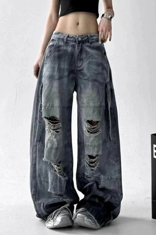 Tie Dye Ripped Wide Leg Jeans Blue / S
