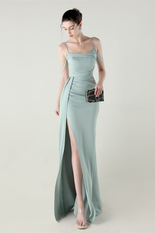 Satin Spaghetti Strap Mermaid Party Dress Light Green / S