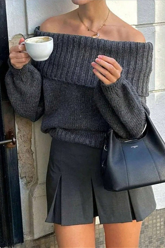 Vintage Off-Shoulder Fitted Long Sleeve Sweater