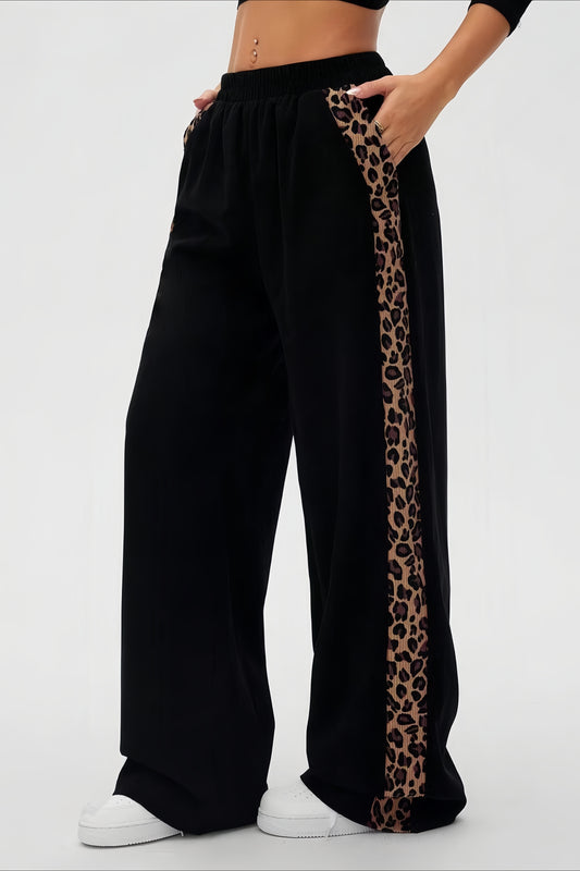Leopard Side Stripe Wide Leg Pants
