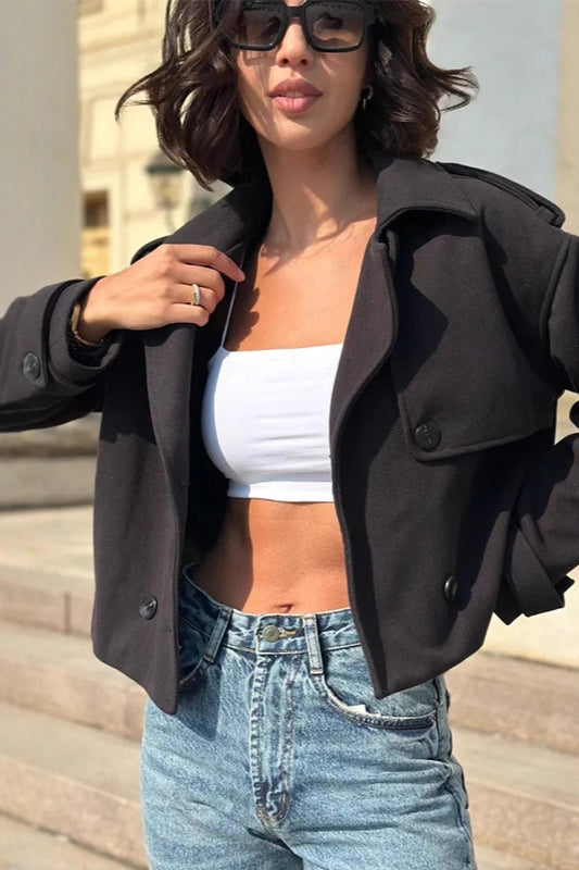 Casual Trench Style Cropped Jacket Black / S
