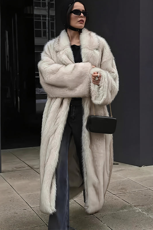 White Plush Wide Collar Long Coat