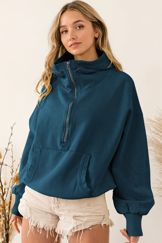 Solid Sporty Half Zip Hoodie