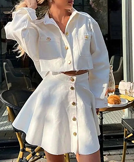 White Cotton Crop Pleated Mini Office Two Piece Set