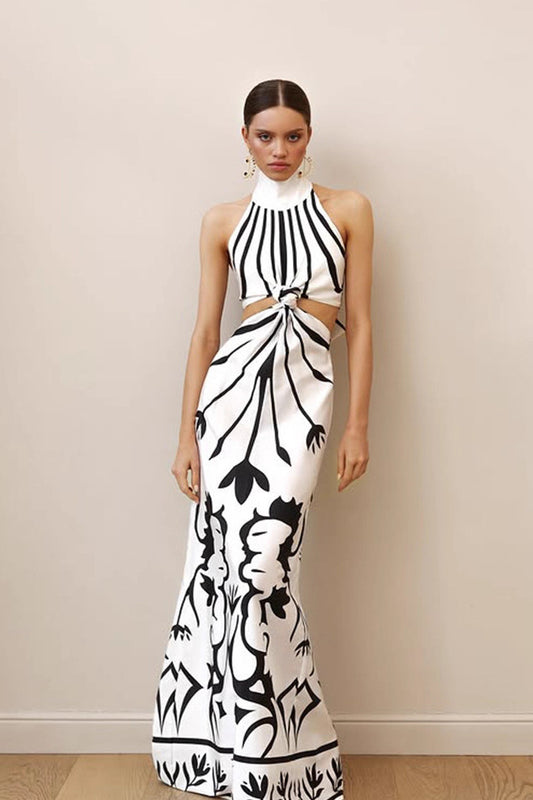 Sleeveless Print Cutout Slim Fit Maxi Dress