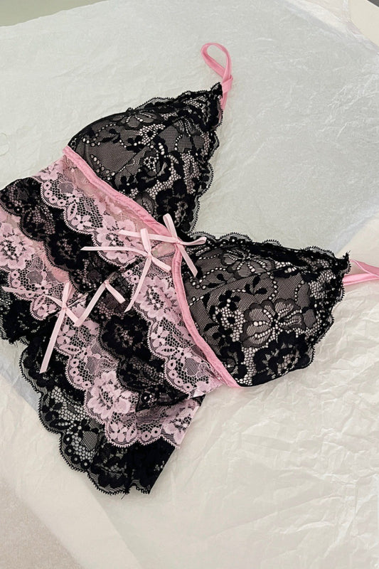 Sexy Black Pink Color Block Lace Trim Cami Top
