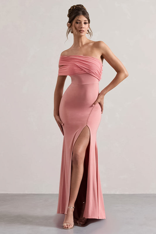 Mesh Panel Off-Shoulder Split Bodycon Party Dress