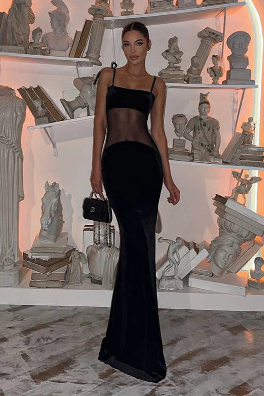 Sexy, figurbetontes Maxikleid mit V-Ausschnitt und transparentem Netzstoff