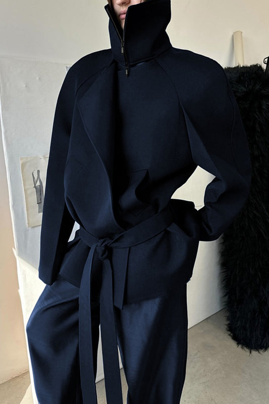 Solid Asymmetrical High Stand Collar Loose Tie Waist Coat