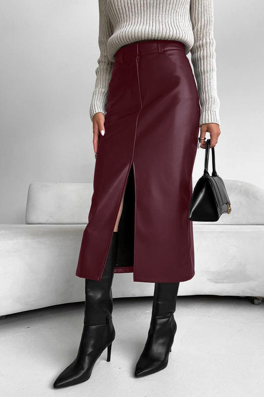 Faux-Leather Front-Slit Skirt