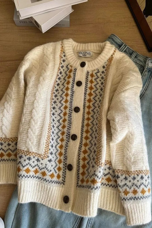 Fair Isle Fair Isle Cable Loose Thick Cardigan Sweater Apricot / S