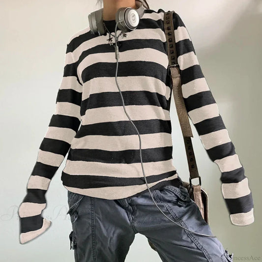 Fairy Grunge Knit Oversized Striped Long Sleeve Crewneck Knit Top Zebra-stripe1 / S knittop-250126