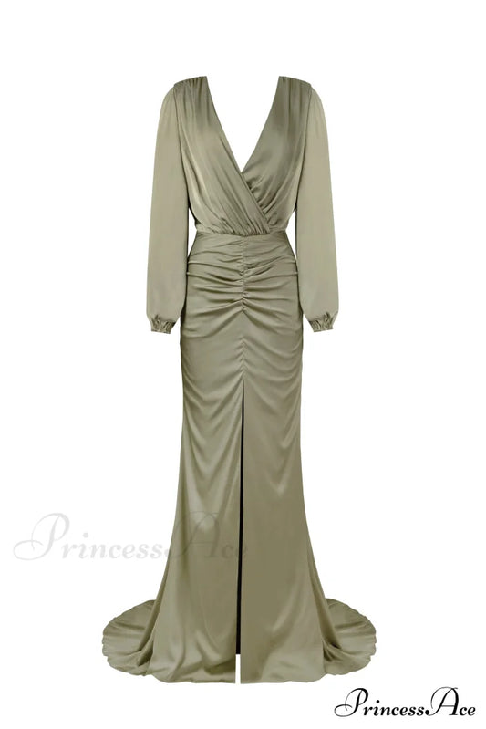 Fancy Olive Silk Charming Maxi Evening Dress Xxs /