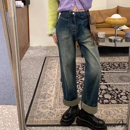 Fashion Straight Women Pant Woman High Waist Denim Pants Wide Leg Clothing Blue Vintage Quality