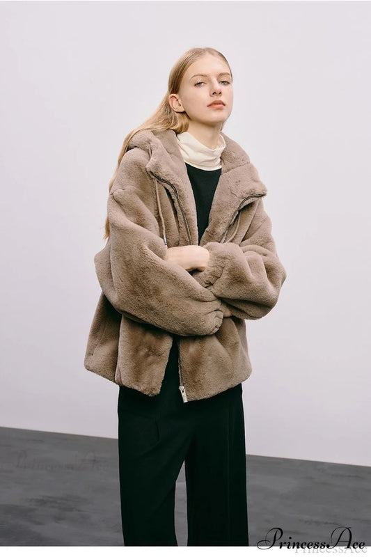 Faux Mink Rabbit Fur One Hooded Thick Coat