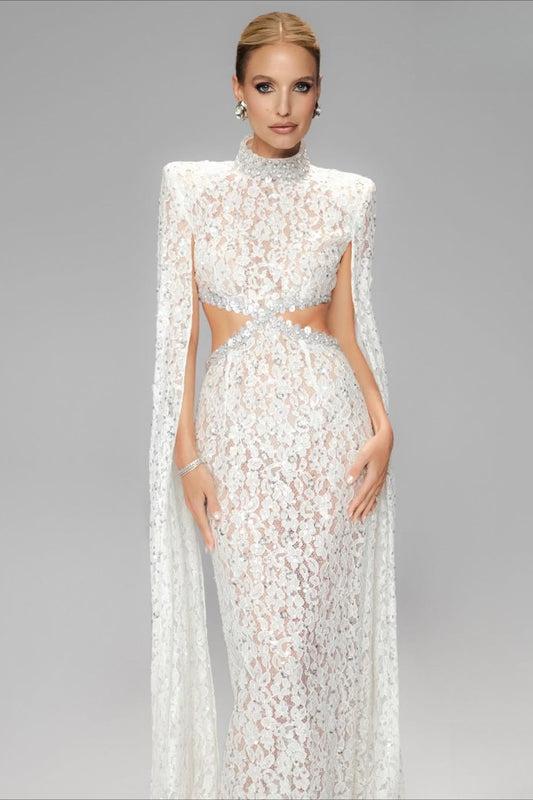 Lace Beaded Sequin Slim Cape Reception Dress