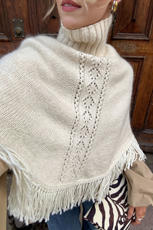 Fringe Trim Turtleneck Poncho Sweater