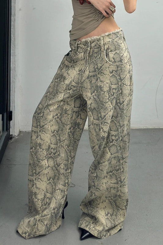 Snake Print Wide Leg Low Waist Frayed Jeans