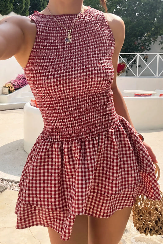 Plaid Smocked Sleeveless Flared Mini Dress