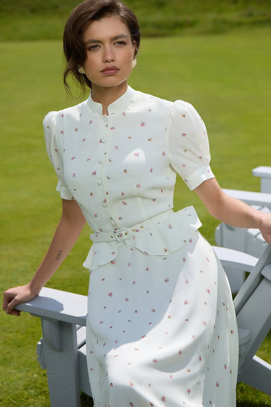 Puff Sleeve Floral Stand Collar Waist Cinch Two Piece Set