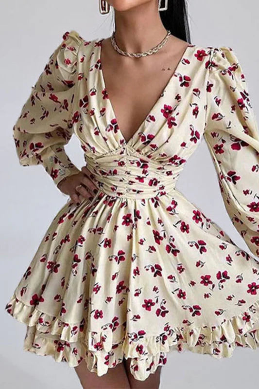 Robe de soirée fleurie à manches longues