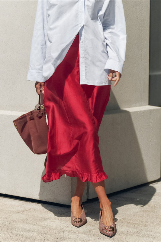 Tencel Ruffle-Hem Midi Skirt