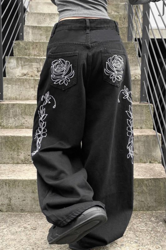 Loose Straight Leg Embroidered Low Waist Jeans