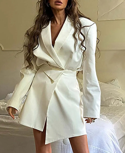 White Pockets Asymmetrical Mini Office Two Piece Set