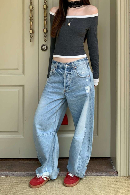 Chic Distressed Curved Wide Leg Vintage Washed Jeans