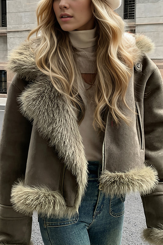 Oversized Fur Collar Suede Look Coat