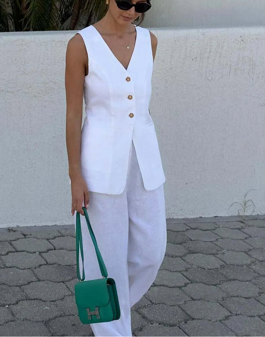 White Cotton Sleeveless Straight Trousers Office Two Piece Set