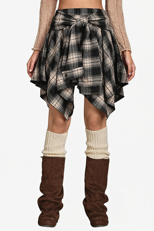 Plaid Layered Asymmetric Midi Skirt