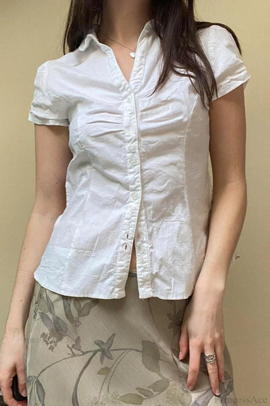 Fitted Button-Down Ruched Blouse