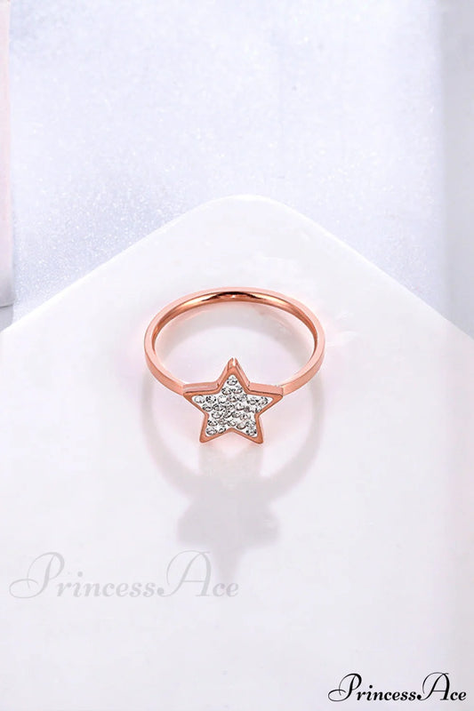 Five-Pointed Star Full Diamond Titanium Steel Ring Rose Gold / 6
