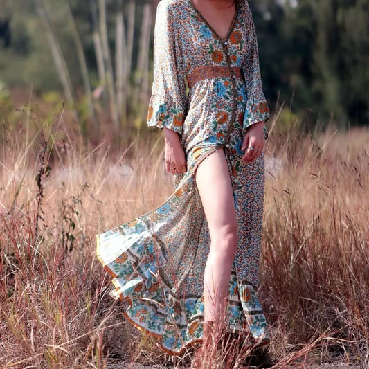 Flare Sleeve Button Down Printing Chic Boho Dress Beige / S bohodress-250126