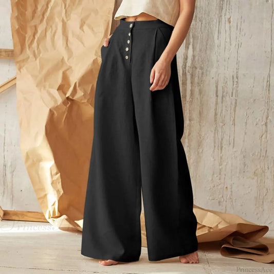 Flared Solid Color High Waist Cotton Linen Pant Black / M pant-250223