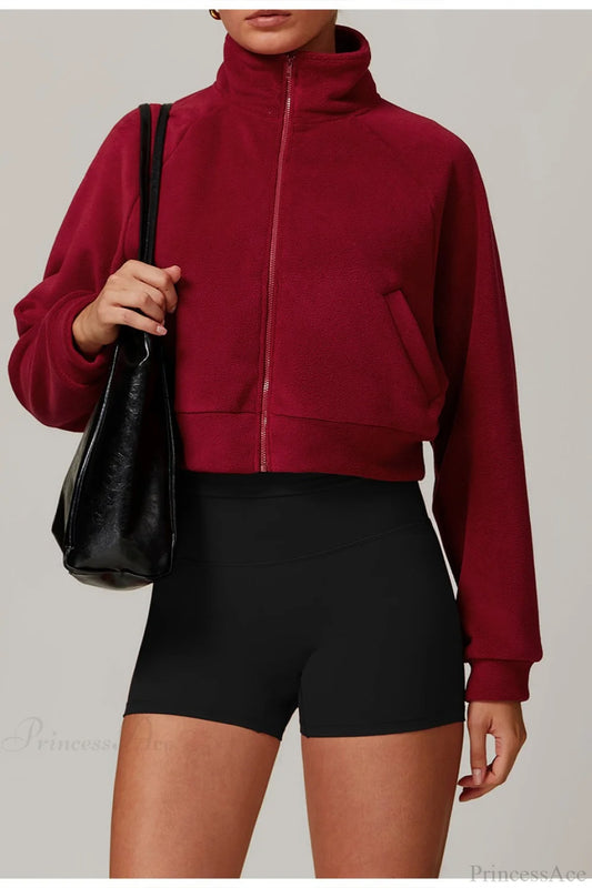 Fleece Athletic Stand Collar Zip Yoga Jacket Ankara red / S